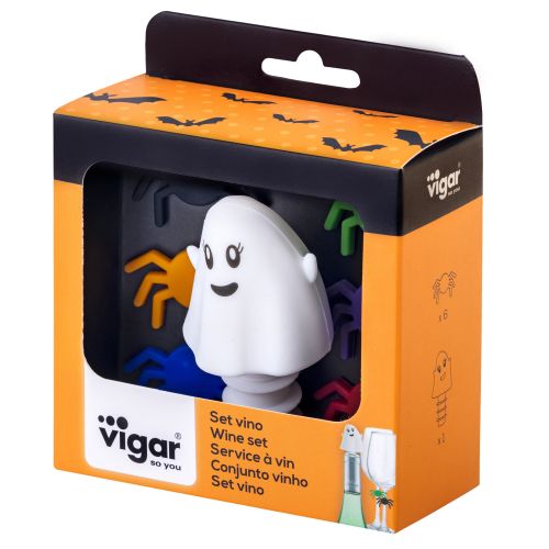 VIGAR HALLOWEEN GHOST Тапа за бутилка и маркери за чаши, вино сет